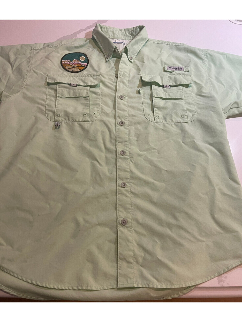 DESIGNER COLUMBIA SPORTSWEAR COMPANY OMNI-SHIELD GREEN FISHING SHIRT MENS MEDIUM